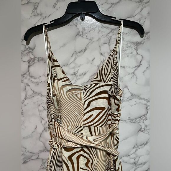 REISS Linen Blend Zebra Print Dress Size 10 Cream Brown Surplice Tie Waist Midi - Picture 12 of 14